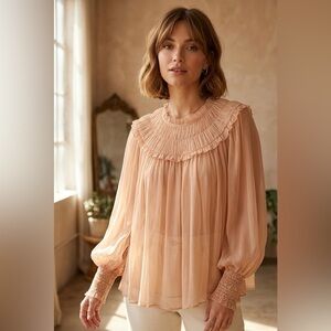 Ulla Johnson Arabella Shirred 100% Silk Blouse Desert Rose Pink - Size 10